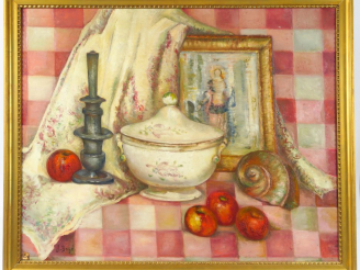 Vente aux enchères J. BOYE "Nature morte aux fruits et à la soupière" Huile sur toile.  S