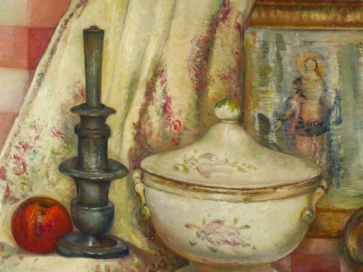 J. BOYE "Nature morte aux fruits et à la soupière" Huile sur toile.  S