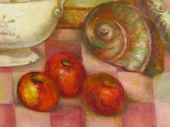 J. BOYE "Nature morte aux fruits et à la soupière" Huile sur toile.  S