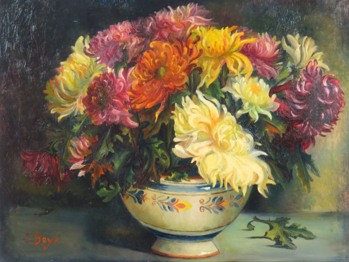 J. BOYE "Bouquet de chrysanthèmes" Huile sur toile.  Signée en bas à g