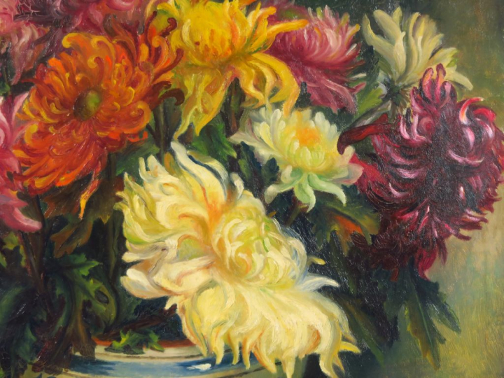 J. BOYE "Bouquet de chrysanthèmes" Huile sur toile.  Signée en bas à g