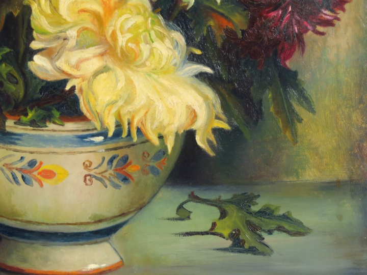 J. BOYE "Bouquet de chrysanthèmes" Huile sur toile.  Signée en bas à g