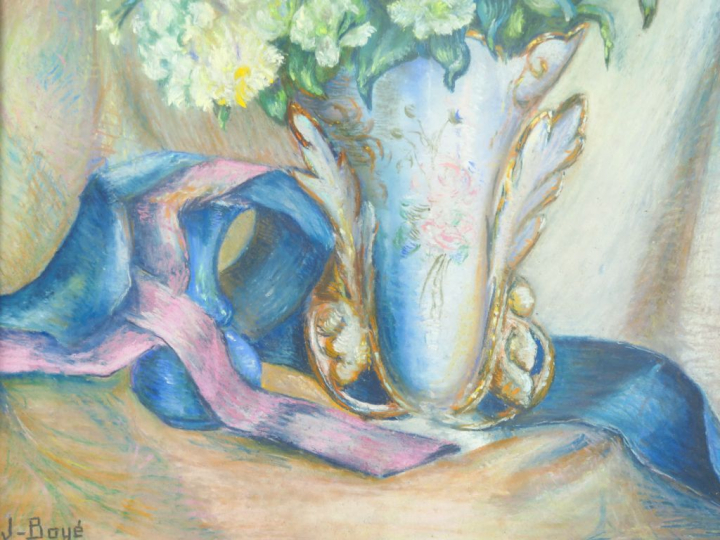 J.BOYE "Bouquet de fleurs dans un vase" Pastel. Signé en bas à gauche.