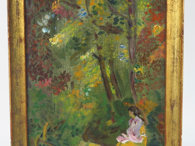 Mario CAVAGLIERI "Jeune fille dans un parc" Huile sur toile.  Non sign