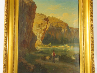 Vente aux enchères B. DUSTON "Paysage au berger" Huile sur toile. Signée en bas à droite.
