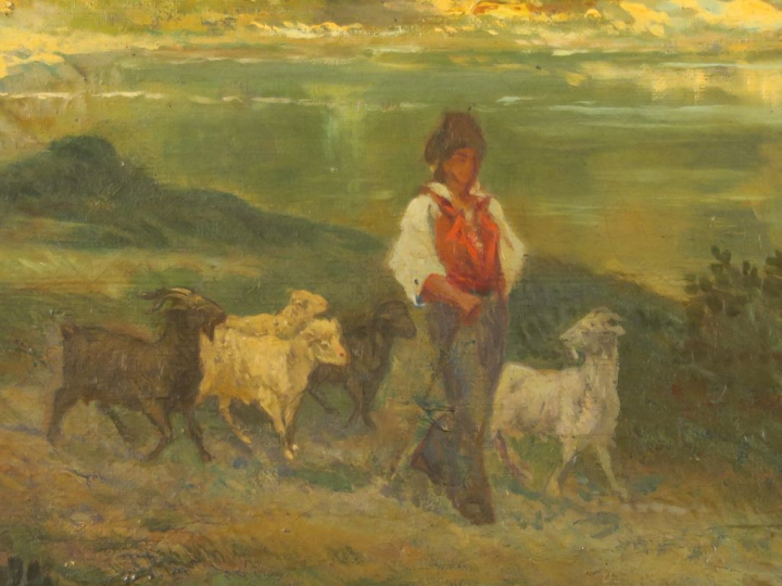 B. DUSTON "Paysage au berger" Huile sur toile. Signée en bas à droite.