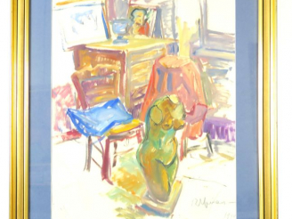 Vente aux enchères Raymond ESPINASSE « L’atelier » Huile sur papier.  Signée en bas à dro