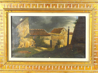 Vente aux enchères Ecole française XIXème "Le chien fidèle" Huile sur toile.  30,5 x 52,5