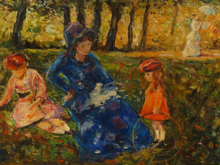 Paul FLAUBERT. "Jeune mère et ses enfants au parc" Huile sur toile, si