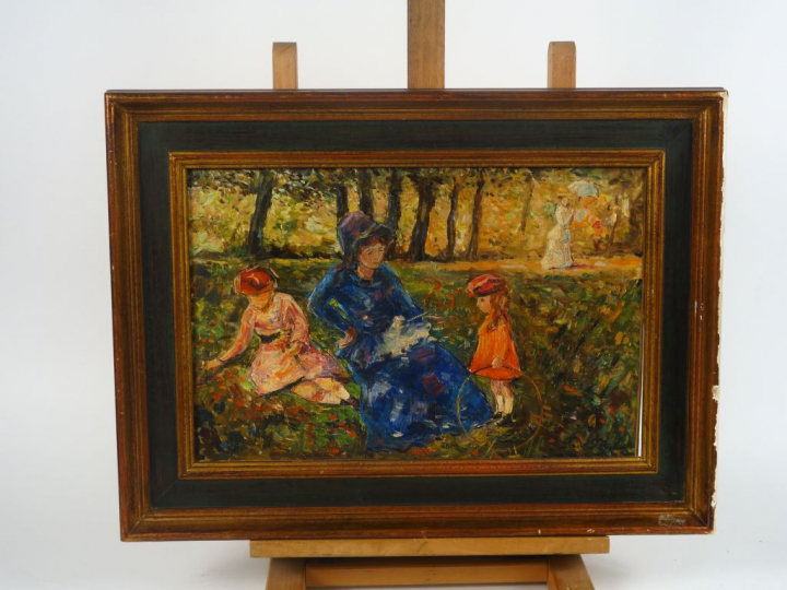 Paul FLAUBERT. "Jeune mère et ses enfants au parc" Huile sur toile, si