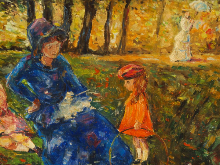 Paul FLAUBERT. "Jeune mère et ses enfants au parc" Huile sur toile, si