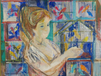 Vente aux enchères 	GRAU SALA « Jeune fille aux oiseaux » Aquarelle.  Signée en bas à gau