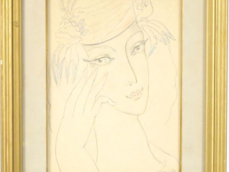 Vente aux enchères Lado GUDIASVILI "Jeune fille" Dessin aux crayons de couleur.  Signé en