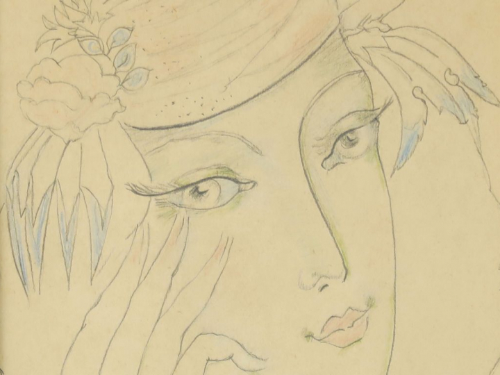 Lado GUDIASVILI "Jeune fille" Dessin aux crayons de couleur.  Signé en