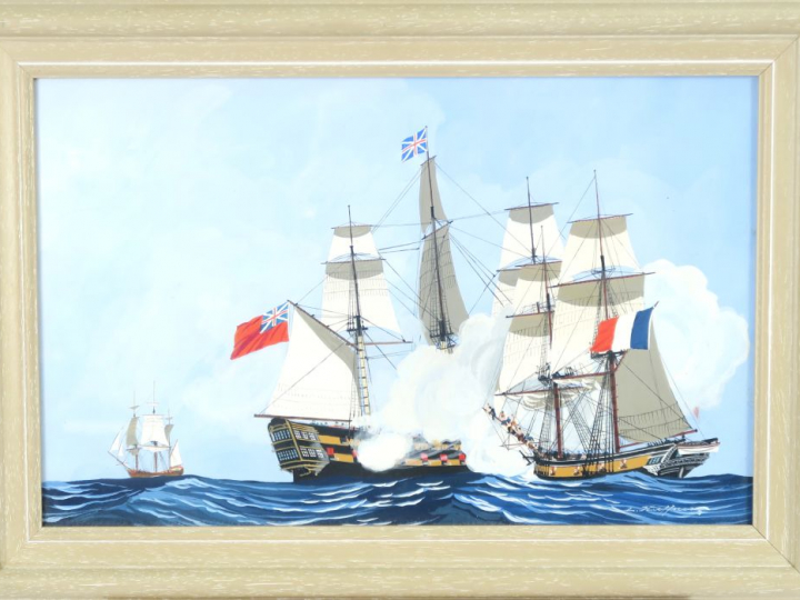 Léon HAFFNER "Bataille navale franco-anglaise" Gouache. Signée en bas 