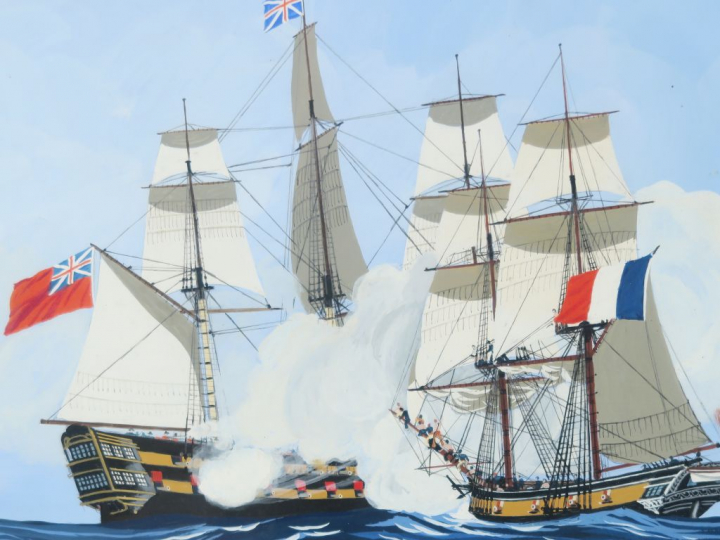 Léon HAFFNER "Bataille navale franco-anglaise" Gouache. Signée en bas 