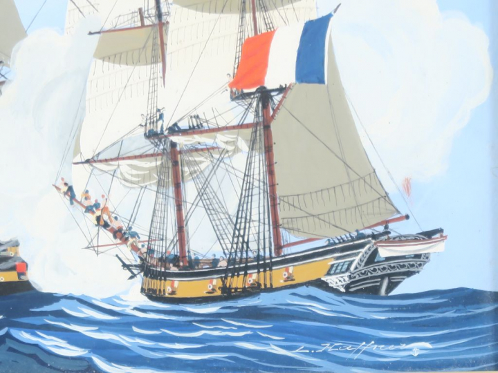 Léon HAFFNER "Bataille navale franco-anglaise" Gouache. Signée en bas 