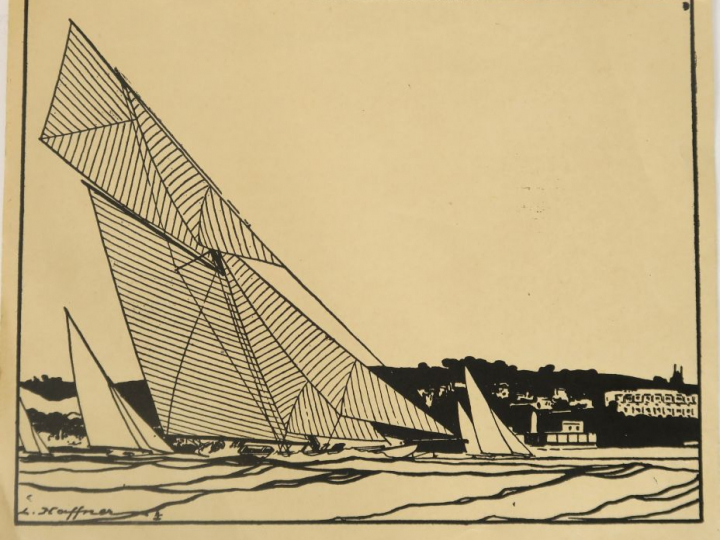 Léon HAFFNER "La régate" Pochoir à l'encre. Signé en bas à gauche. 16,