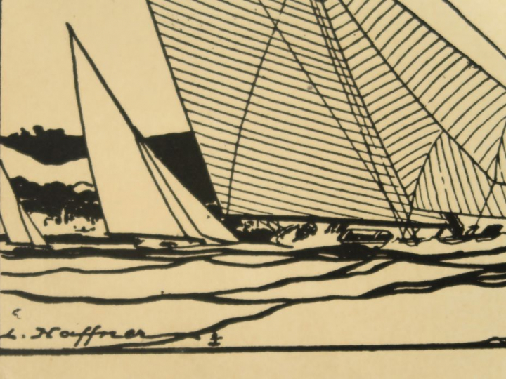 Léon HAFFNER "La régate" Pochoir à l'encre. Signé en bas à gauche. 16,