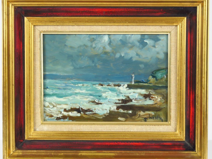 	HERBO.  "Dielette, Manche" Huile sur carton.  Signée en bas à droite.