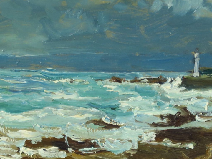 	HERBO.  "Dielette, Manche" Huile sur carton.  Signée en bas à droite.