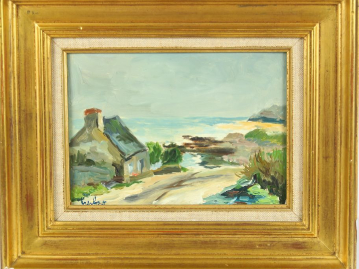 	HERBO. "La maison du pêcheur"  Huile sur carton, signée en bas à gauc