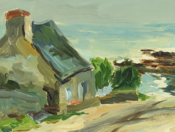 	HERBO. "La maison du pêcheur"  Huile sur carton, signée en bas à gauc