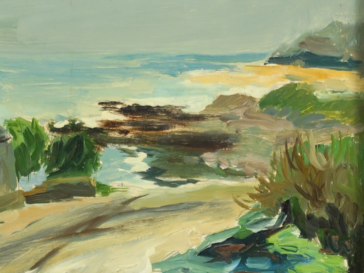 	HERBO. "La maison du pêcheur"  Huile sur carton, signée en bas à gauc