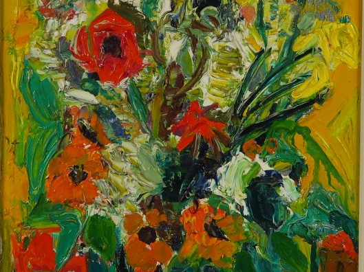 J. HUGON. "Bouquet de fleurs" Huile sur toile.  Signée en bas à droite