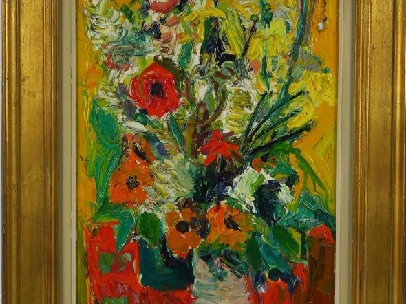 J. HUGON. "Bouquet de fleurs" Huile sur toile.  Signée en bas à droite