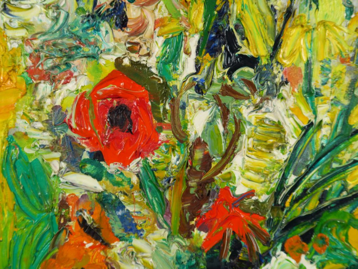 J. HUGON. "Bouquet de fleurs" Huile sur toile.  Signée en bas à droite