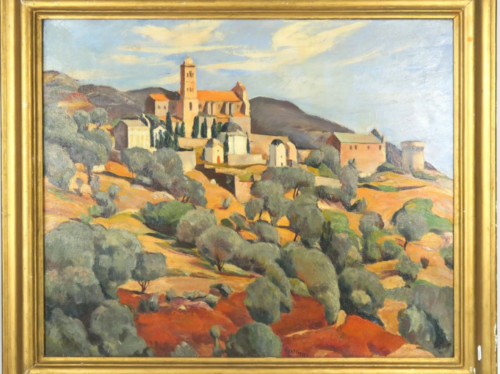	KUAPIL. "Village espagnol" Huile sur toile.  Signée en bas et datée 1