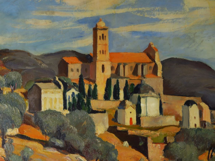 	KUAPIL. "Village espagnol" Huile sur toile.  Signée en bas et datée 1