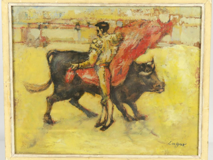 	Celso LAGAR. "Tauromachie" Huile sur papier, signée en bas à droite. 
