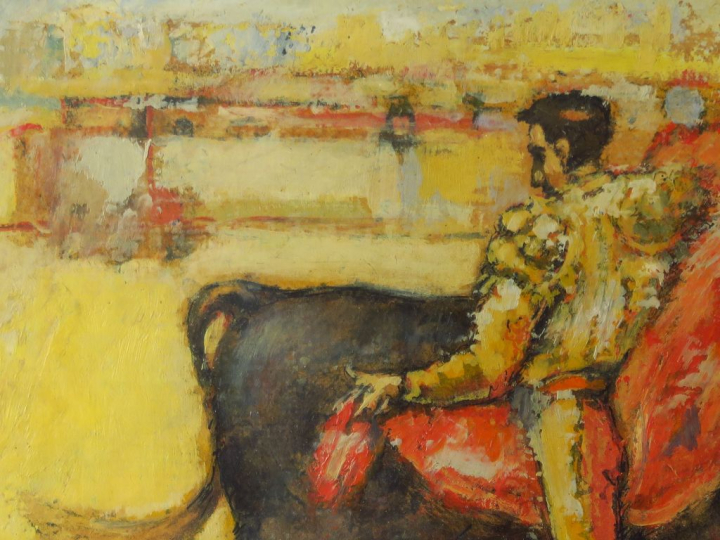 	Celso LAGAR. "Tauromachie" Huile sur papier, signée en bas à droite. 