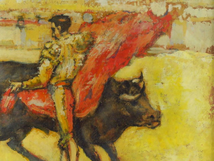 	Celso LAGAR. "Tauromachie" Huile sur papier, signée en bas à droite. 