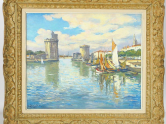 Vente aux enchères P. LANGLADE "Le port de la Rochelle" Huile sur toile. Signée en bas à 