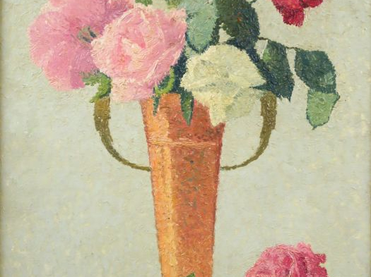 Achille LAUGÉ  - 1861-1944	  "Bouquet de roses dans un vase de cuivre"