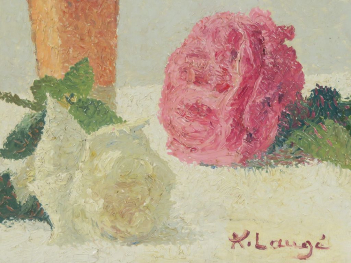 Achille LAUGÉ  - 1861-1944	  "Bouquet de roses dans un vase de cuivre"
