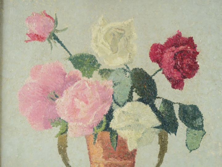 Achille LAUGÉ  - 1861-1944	  "Bouquet de roses dans un vase de cuivre"