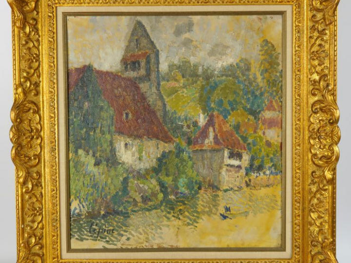 LEPINE. "La vieille église" Huile sur panneau.  Signée en bas à gauche