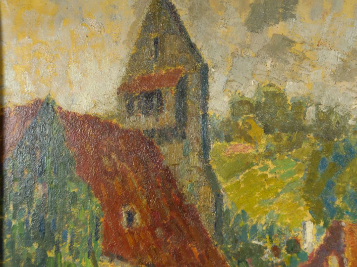 LEPINE. "La vieille église" Huile sur panneau.  Signée en bas à gauche