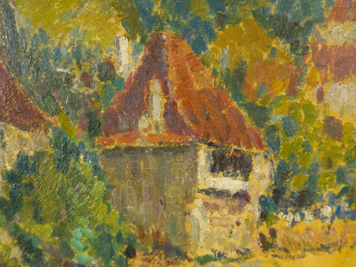 LEPINE. "La vieille église" Huile sur panneau.  Signée en bas à gauche