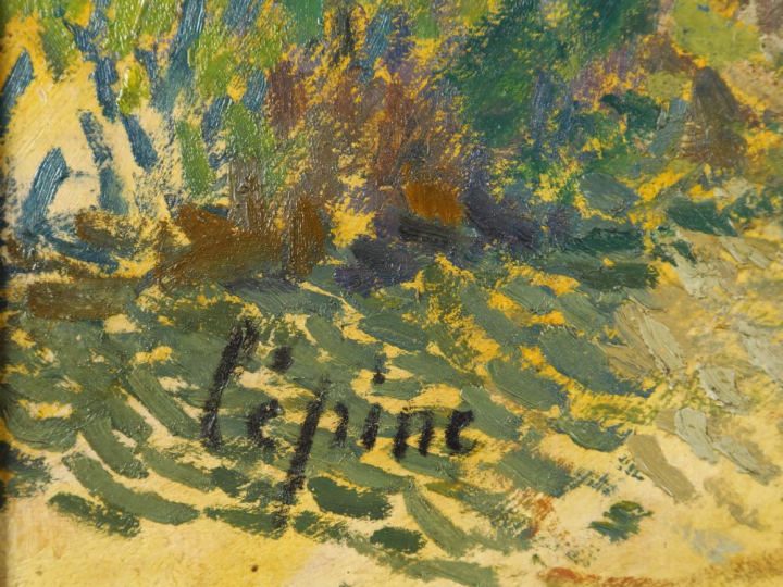 LEPINE. "La vieille église" Huile sur panneau.  Signée en bas à gauche