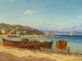 Vente aux enchères Henry MALFROY "Port de pêche" Huile sur toile. Signée en bas à droite.
