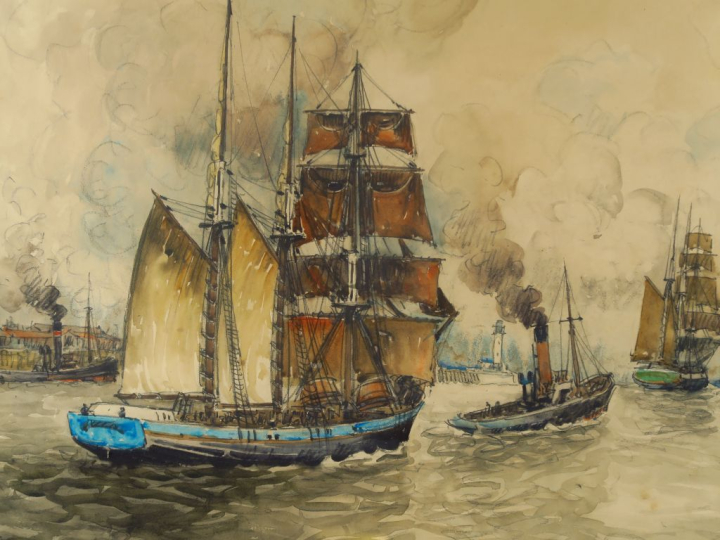 Franck WILL.  "Fécamp » Aquarelle.  Signée en bas à droite. Dim. 43 x 