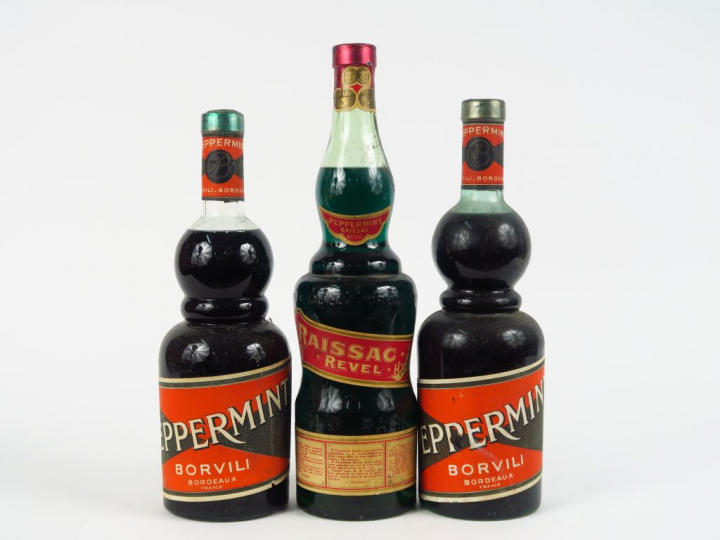 3 VIEILLES BOUTEILLES PEPERMINT : 1 RAISSAC - 2 BORVILI