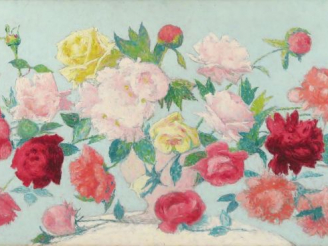 Vente aux enchères LAUGÉ Achille, 1861-1944	 "Grand bouquet de roses sur un entablement",