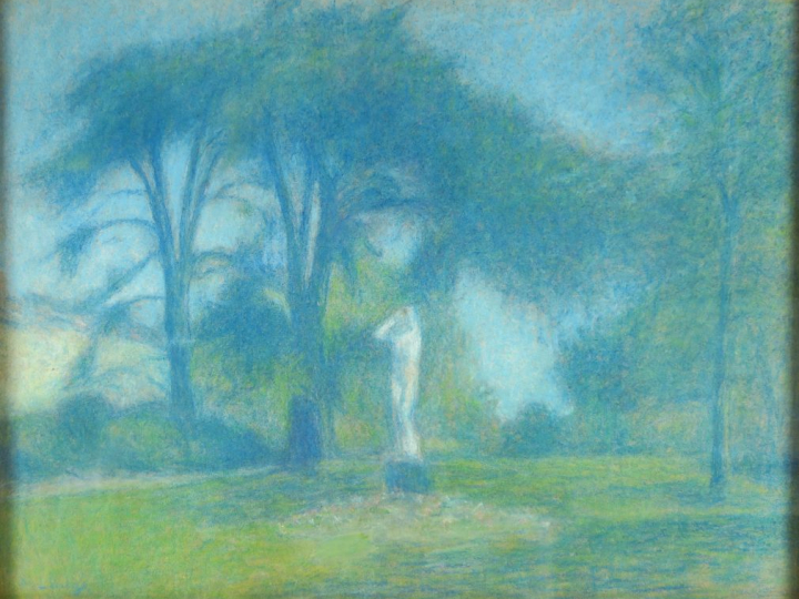 Achille LAUGÉ ."Statue dans un parc". Pastel (usures) Signé en bas à g