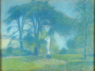 Vente aux enchères Achille LAUGÉ ."Statue dans un parc". Pastel (usures) Signé en bas à g